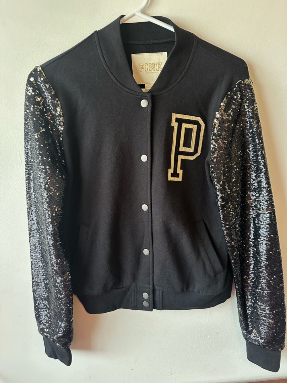 VS Pink Vintage Black and Gold Sequin Bling Varsity Jacket S
